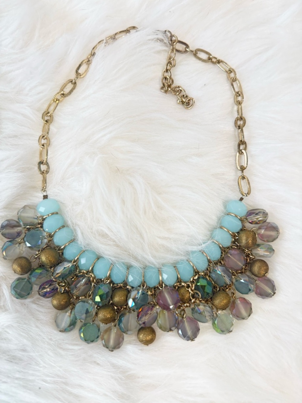 Vintage Gold-Chain Statement Necklace with Mint Bead Fringe